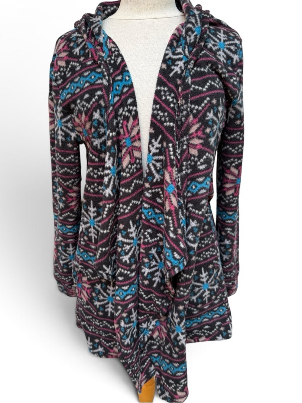 Cuddl Duds Nordic Fair Isle Fleece Hooded Open Front Wrap Cardigan S/M